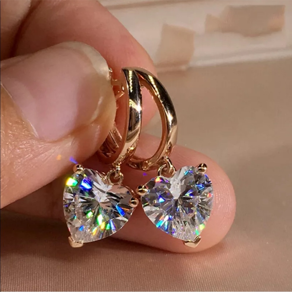 New  Gold plated diamond Heart Drop Hoop earrings
